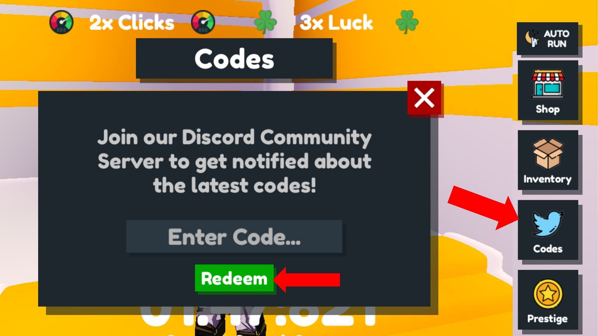 The Codes button is indicated by a blue bird icon (Image via Roblox)